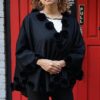 Black Cashmere Wool Cape Rex Rabbit Fur Flowers 87765