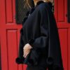 Black Cashmere Wool Cape Rex Rabbit Fur Flowers 87765 - Image 3
