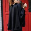 Black Cashmere Wool Cape Rex Rabbit Fur Flowers 87765 - Image 4
