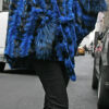Sculptured Lazor Cut Blue Dyed Mink Fur Blue Dyed Silver Fox Trim Cape With Hood - Image 6