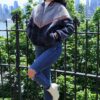 Women's Gray Blue Pink Varsity Shearling Jacket 3737 - Image 2