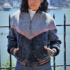 Women's Gray Blue Pink Varsity Shearling Jacket 3737
